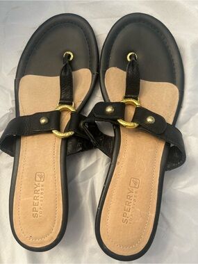 Sperry Black Leather Thong Sandals with Gold Rings
